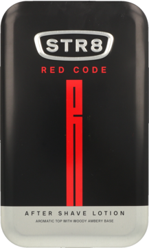 STR8 Red Code, woda po goleniu dla mężczyzn, w czarnej butelce z czerwonym logo i napisem 'Red Code'.