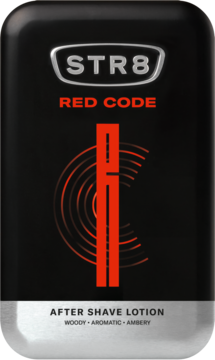 STR8 Red Code woda po goleniu dla mężczyzn. Czarne opakowanie z czerwonym wzorem i srebrnym spodem, widok z przodu.
