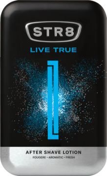 STR8 Live True aromatyczny after shave, czarna butelka z niebieskim wzorem, widok z przodu.