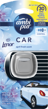 Ambi Pur Car Lenor April Fresh odświeżacz 30 dni, niebieskie opakowanie, panel do wentylacji auta.