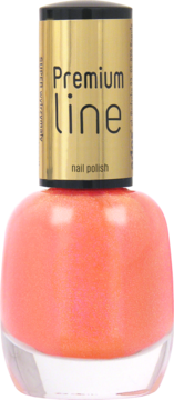 Ados Premium Line lakier do paznokci, koralowy z połyskującymi drobinkami, w szklanej butelce, widok z przodu.
