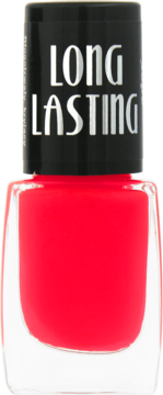 Długotrwały lakier do paznokci Ados Long Lasting, jaskrawy czerwony, w butelce z czarną nakrętką. Widok z przodu.