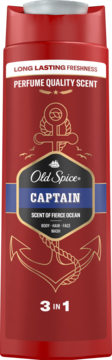 Czerwony żel Old Spice Captain 3w1. Widok z przodu. Kotwica, napis "Fierce Ocean" i "Perfume Quality Scent".