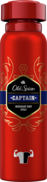 Czerwony dezodorant Old Spice Captain w metalowej butelce ze złotymi zdobieniami, widok z przodu.