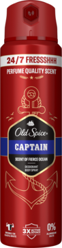 Old Spice Captain dezodorant męski w czerwonym sprayu, zapach "Fierce Ocean", 0% aluminium, widok z przodu.