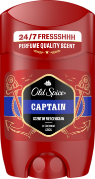 Czerwony dezodorant Old Spice Captain Scent of Fierce Ocean w sztyfcie, widok z przodu, z kotwicami i hasłem 24/7.