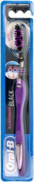 Oral-B Allrounder Black szczoteczka manualna, fioletowo-czarna, w niebieskim blistrze, widok z przodu.