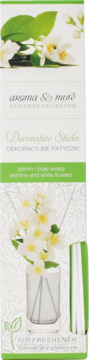 Aroma & more Decorative Sticks air freshener, jasmine & white flowers, white box with green accents, front view.