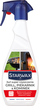 Biała butelka Starwax 3w1 super czyszczenie GRILL, PIEKARNIK & KOMINEK, z niebieskim atomizerem.