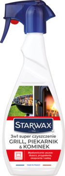 Biała butelka Starwax 3w1 super czyszczenie GRILL, PIEKARNIK & KOMINEK, z niebieskim atomizerem.