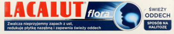 Opakowanie Lacalut flora, pasta do zębów na świeży oddech, z czerwonym logo i niebieską ikoną profilu twarzy.