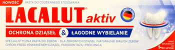 Biało-czerwone opakowanie pasty Lacalut Aktiv, z napisem ochrona dziąseł i łagodne wybielanie, widok z przodu.