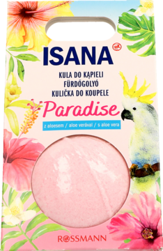 Różowa kula do kąpieli Isana Paradise z aloesem, w tropikalnym opakowaniu z hibiskusem i papugą, widok z przodu.