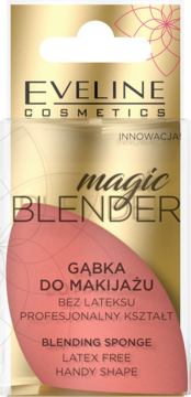 Eveline Cosmetics Magic Blender, różowa gąbka do makijażu w złotym opakowaniu, bez lateksu, widok z przodu.