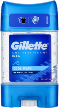 Gillette Antyperspirant Gel Cool Wave 48HR Protection, przezroczyste opakowanie z niebieskim detalem, widok z przodu.