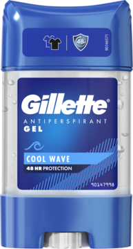 Niebieski, przezroczysty żelowy antyperspirant Gillette Cool Wave 48h, w prostokątnym opakowaniu, widok z przodu.