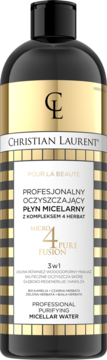 Christian Laurent Professional Purifying Micellar Water 3w1, czarna butelka ze złotą i czarną kratą, widok z przodu.