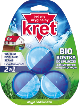 Kret Bio kostka do spłuczki 2w1 z aktywatorem enzymatycznym, trzy bloki, niebiesko-zielone opakowanie.