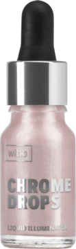 WIBO Chrome Drops, płynny rozświetlacz nr 01, w szklanej butelce z kroplomierzem, odcień jasnoróżowy. Widok z przodu.