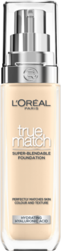 L'Oréal True Match podkład z kwasem hialuronowym, jasny beż, szklana butelka z pompką, widok z przodu.