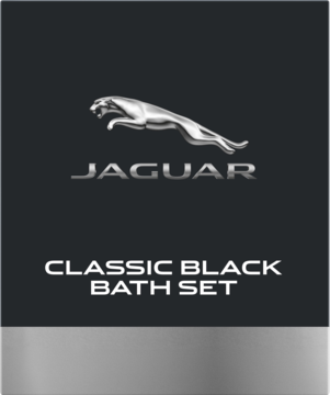 Czarne, prostokątne opakowanie zestawu Jaguar Classic Black Bath Set, srebrne logo i napisy, widok z przodu.