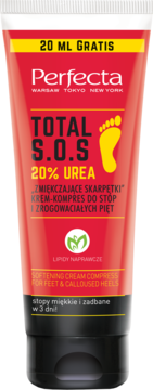 Czerwona tubka Perfecta Total S.O.S. krem do stóp 20% Urea "zmiękczające skarpetki", z czarną nakrętką, widok z przodu.