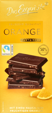 Ciemna czekolada Das Exquisite 50% kakao z granulkami pomarańczowymi, ułożona w stos na żółtym tle.