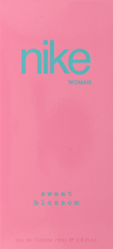 Różowe opakowanie wody toaletowej Nike Sweet Blossom Woman 75ml, z turkusowymi napisami, widok z przodu.