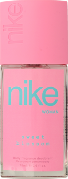 Nike Woman Sweet Blossom dezodorant perfumowany w różowej butelce z niebieskim napisem, widok z przodu.