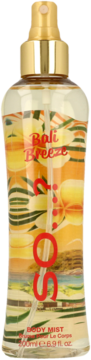 Mgiełka So...? Bali Breeze 200ml z tropikalnym wzorem kokosa i ananasa, złoty atomizer, widok z przodu.