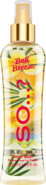 Mgiełka do ciała So...? Bali Breeze 200ml, w przezroczystej butelce z tropikalnym wzorem kwiatów, złoty spryskiwacz, przód.