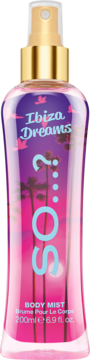Mgiełka So...? Ibiza Dreams 200ml. Różowo-fioletowa butelka, widok z przodu, z palmami i ptakami.