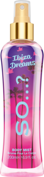 Mgiełka So...? Ibiza Dreams 200ml. Różowo-fioletowa butelka, widok z przodu, z palmami i ptakami.