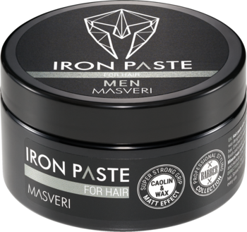 Czarna pasta do włosów Iron Paste, matowe wykończenie, ultra mocny chwyt. Słoik na wprost, z góry.