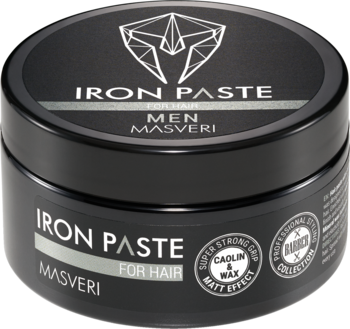 Czarna pasta do włosów Iron Paste, matowe wykończenie, ultra mocny chwyt. Słoik na wprost, z góry.