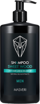 Masveri Sweet Wood Shampoo dla mężczyzn, czarna butelka z pompką, widok z przodu. Anti Hair Loss & Volume.