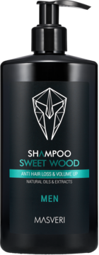 Masveri Sweet Wood Shampoo dla mężczyzn, czarna butelka z pompką, widok z przodu. Anti Hair Loss & Volume.