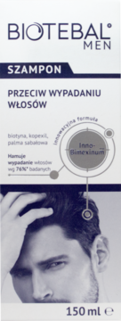 Biotebal Men Szampon Przeciw Wypadaniu Włosów 150ml, biała butelka z Inno-Bimexinum i wizerunkiem mężczyzny.