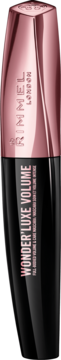 Czarna pogrubiająca maskara Rimmel Wonder'Luxe Volume, pionowo z przodu, z metaliczną różowozłotą nakrętką.
