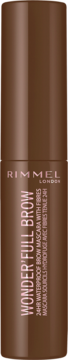 Brązowa, walcowata maskara do brwi Rimmel Wonder'Full Brow 24H Waterproof z włóknami, front.