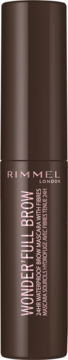 Rimmel Wonder'Full Brow 24H Waterproof Brow Mascara with Fibres in a dark brown cylindrical tube, front view.