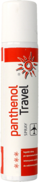 Biały spray panthenol Travel, kojący skórę po słońcu, z czerwonym słońcem i ikoną samolotu, widok z przodu.