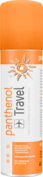 Panthenol Travel, pianka regenerująco-łagodząca, w pomarańczowo-białej butelce, logo słońca i samolotu.