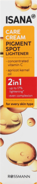 ISANA krem rozjaśniający przebarwienia z witaminą C, białe opakowanie z pomarańczową etykietą, widok z przodu.