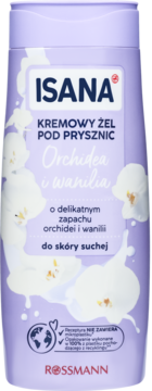 Fioletowy kremowy żel pod prysznic Isana Orchidea i wanilia, z białymi grafikami, do skóry suchej, widok z przodu.