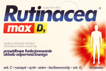Białe pudełko suplementu Rutinacea max D3, 60 tabletek. Z przodu grafika ludzkiej sylwetki, wspiera odporność.