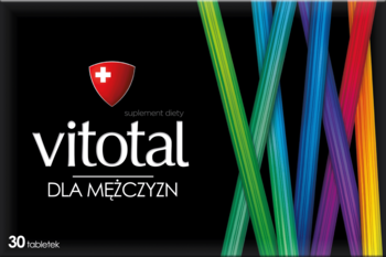 Czarne opakowanie Vitotal suplement diety dla mężczyzn, widok z przodu, z kolorowymi paskami i czerwonym logo. 30 tabletek.