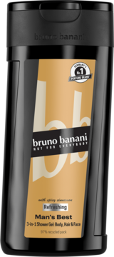 Czarne, eleganckie opakowanie żelu pod prysznic Bruno Banani Man's Best, widok z przodu, złoto-czarna etykieta.