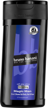 Odświeżający żel pod prysznic Bruno Banani Magic Man 3-w-1 w czarnej butelce z niebieską etykietą, widok z przodu.