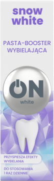 Opakowanie wybielającej pasty Snow White, białe z fioletowym tekstem i srebrnym logo ON, z przodu wizerunek zęba.